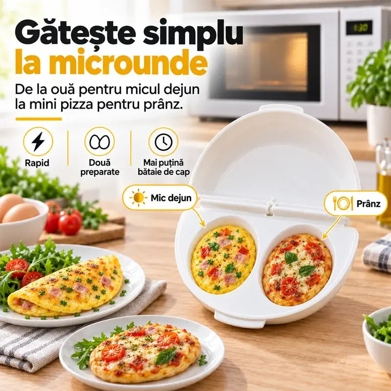 🍳 Tökéletes reggeli percek alatt! Mikrohullámú omlettkészítő 🥚 | 2 rekesz · Élelmiszer-biztonságos, tapadásmentes anyag · Levehető zsanérok az egyszerű tisztításért · Gyors, olajmentes elkészítés