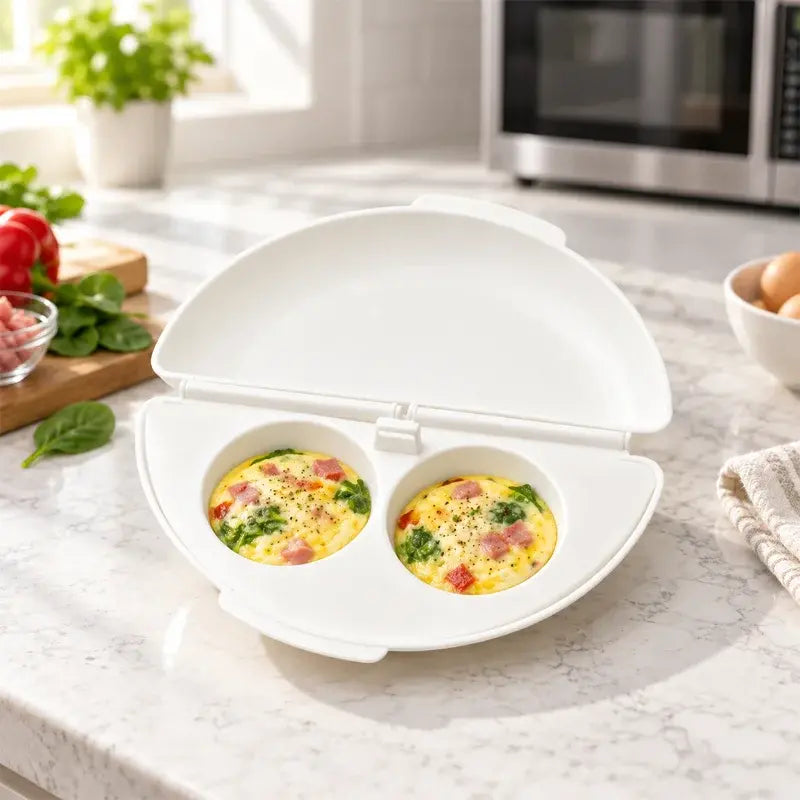 🍳 Tökéletes reggeli percek alatt! Mikrohullámú omlettkészítő 🥚 | 2 rekesz · Élelmiszer-biztonságos, tapadásmentes anyag · Levehető zsanérok az egyszerű tisztításért · Gyors, olajmentes elkészítés