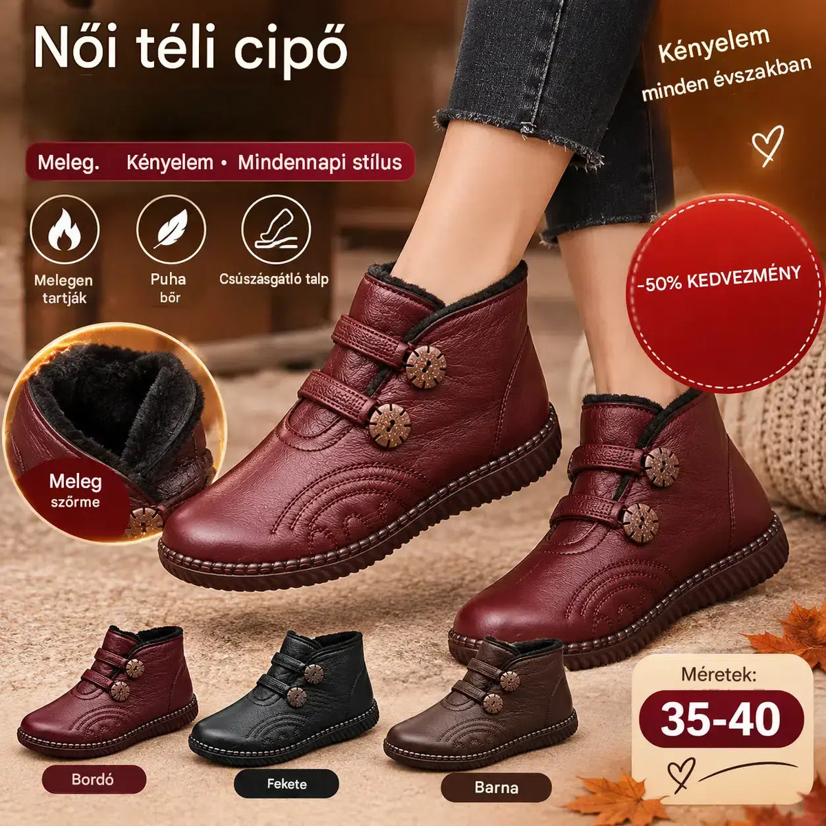 🔥🔥👢【50% KEDVEZMÉNY！！！！】💥【35-40】Női bőr, pamut, csúszásmentes, kézzel készített cipők őszre és télre