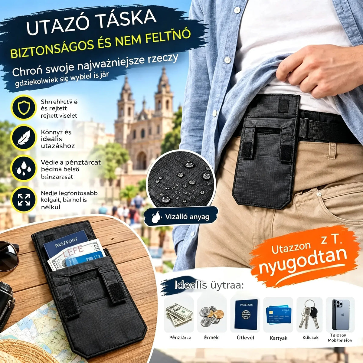 💳✈️ Rejtett pénzöv útlevél, készpénz és kártyák számára – Hordozható, biztonságos deréktáska repülőterekre, városi utazásokhoz és szabadtéri kalandokhoz 🌍