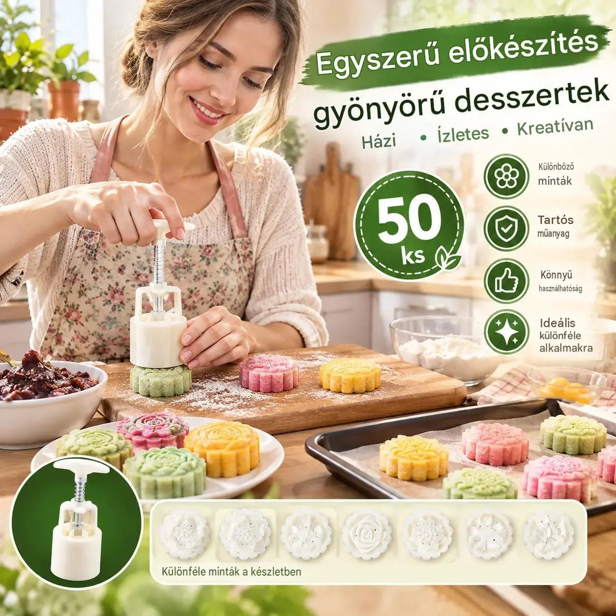 【1 forma 4-féle virágmintával】✨😍 Kézi nyomású tésztaformázó készlet, kreatív sütőformák