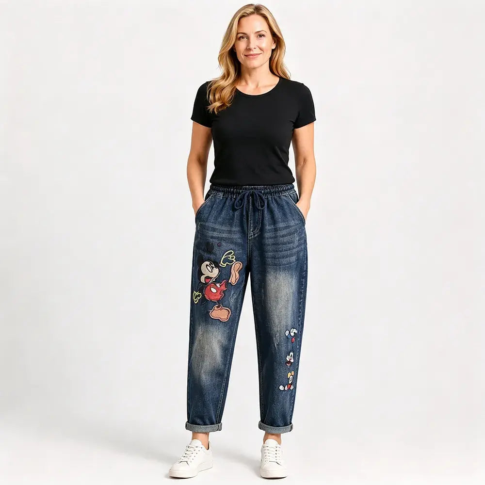 Női retró laza farmer applikációs hímzéssel és rugalmas derékkal – egyedi stílusú hárem farmer (S-5XL méretek, 2 szín) 👖✨🍂