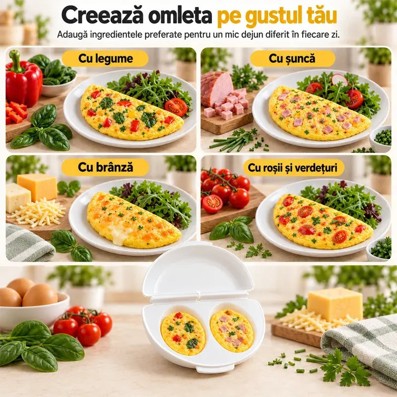 🍳 Tökéletes reggeli percek alatt! Mikrohullámú omlettkészítő 🥚 | 2 rekesz · Élelmiszer-biztonságos, tapadásmentes anyag · Levehető zsanérok az egyszerű tisztításért · Gyors, olajmentes elkészítés