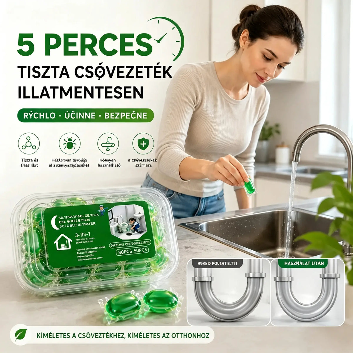 2 csomag (100 tabletta) 👍Vízben oldódó kapszulák a lefolyók szagainak megszüntetésére - tökéletes megoldás a szagok terjedésének megakadályozására a fürdőszobákban és a konyhákban.