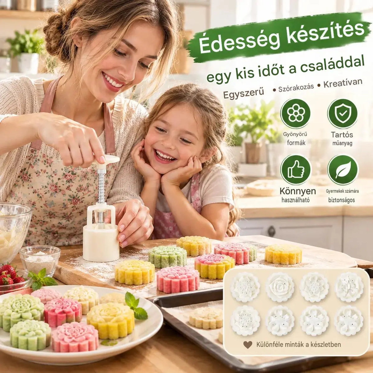 【1 forma 4-féle virágmintával】✨😍 Kézi nyomású tésztaformázó készlet, kreatív sütőformák